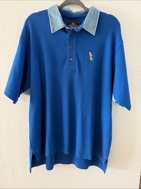Vintage Pussers British West Indies Polo Shirt Denim Collar Blue Sz L